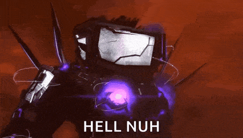 a robot is flying through the air with the words `` hell nuh '' written on the screen .