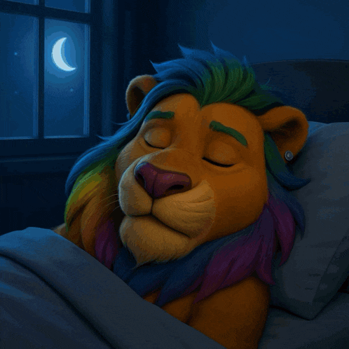 a cartoon lion with rainbow hair is laying in a bed
