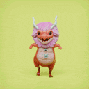 a cartoon character with horns and a pink head is standing on a yellow background .