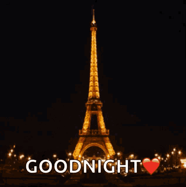 the eiffel tower is lit up at night and the words goodnight are below it