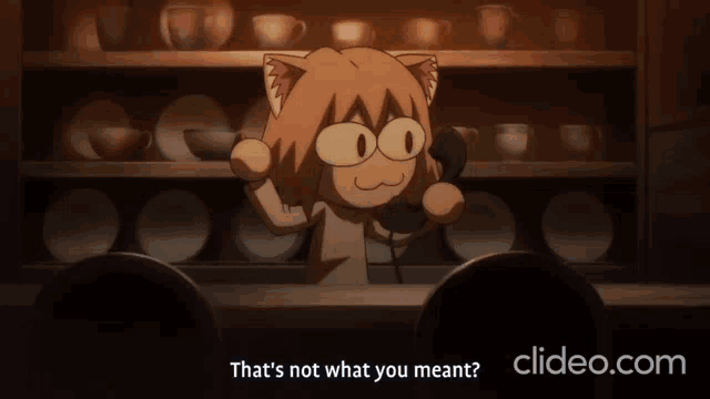a cartoon of a cat talking on a phone with the words that 's not what you meant at the bottom