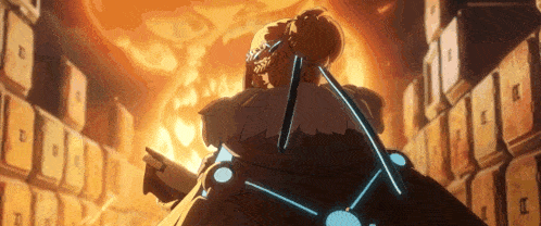 a cartoon character is standing in a room with a fire behind him .