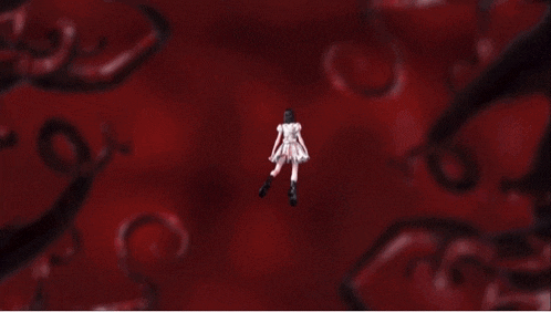 a woman in a bloody dress is being held upside down