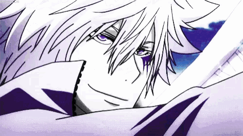 a close up of a person 's face with purple eyes and white hair