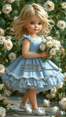 a little girl in a blue dress holding a bouquet of flowers