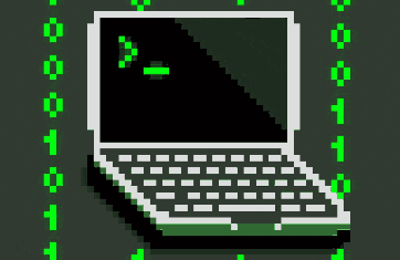 a pixel art illustration of a laptop computer with a green screen and a green binary code behind it .