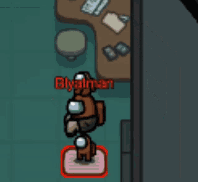 a cartoon of two among us characters in a room with the name bilyalman written on it .