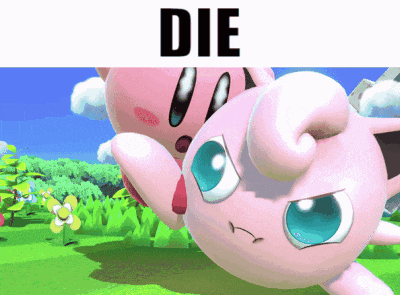 a picture of kirby and jigglypuff with the words " die " above them