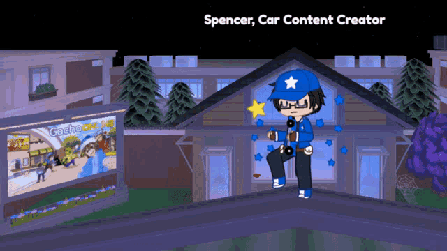 a cartoon of spencer car content creator standing on top of a house