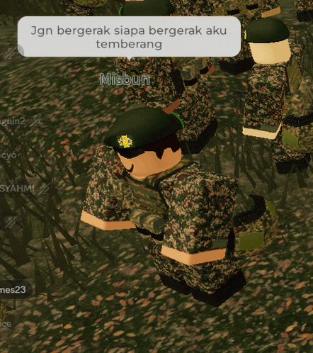 a group of soldiers with a speech bubble that says jgn bergerak siapa bergerak aku tembang