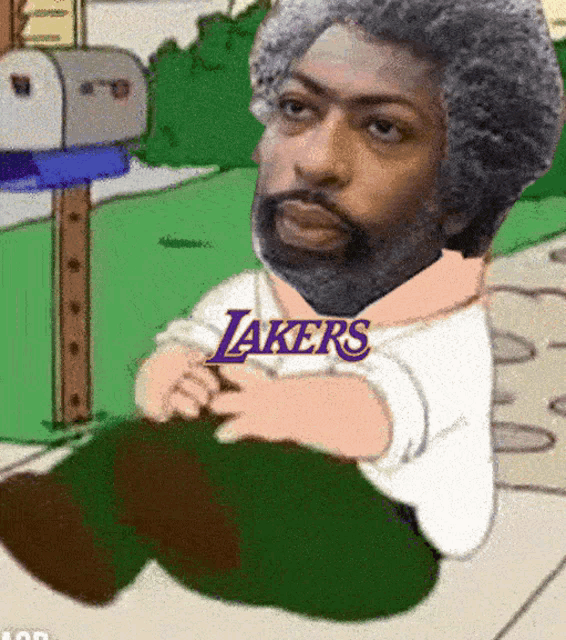 a cartoon of a man wearing a lakers jersey