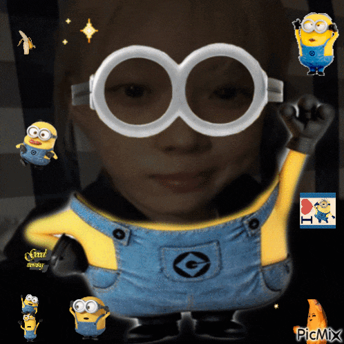 a picture of a person wearing minions glasses and overalls with a picmix watermark