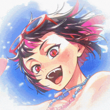 a girl wearing sunglasses and a blue necklace is smiling