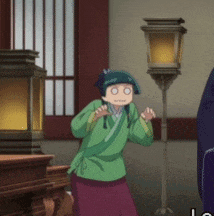 a person in a green shirt and purple skirt is standing in a room