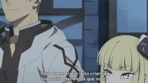 a man and a girl are standing next to each other and the girl is saying pare de me tratar feito criança