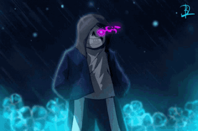 a drawing of a skeleton with purple eyes and a hoodie