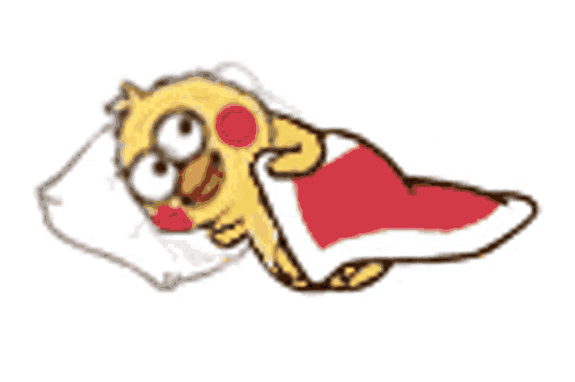 a cartoon chicken is laying on a pillow with a towel .