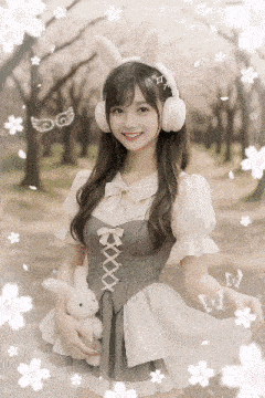 a girl wearing headphones and bunny ears holds a stuffed bunny