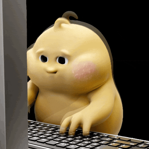 a cartoon character is typing on a keyboard with the letters a b and c visible
