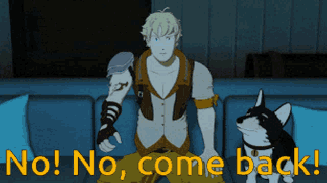 a cartoon of a man sitting on a couch next to a dog with the words " no! no come back "