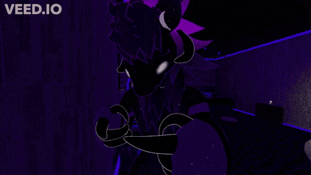 a purple monster with horns is standing in a dark room with the words veed.io above it .
