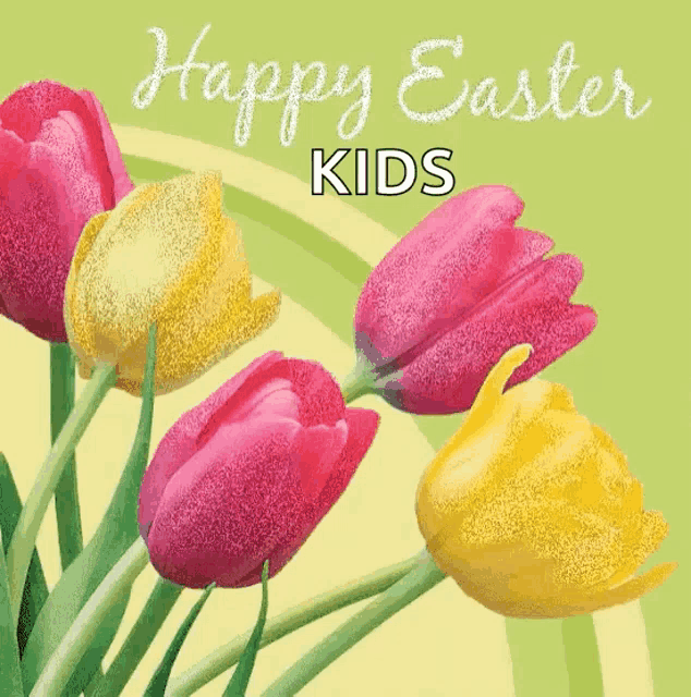 a happy easter kids card with pink and yellow tulips on a green background