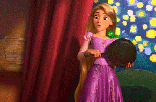 a cartoon girl in a purple dress is holding a frying pan