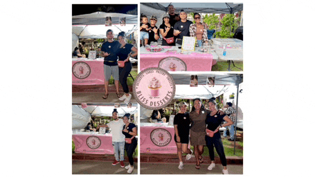 a group of people standing in front of a table with bliss desserts on it