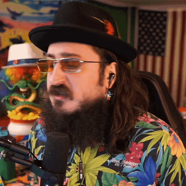 a man wearing a hat and sunglasses is talking into a microphone while wearing a shirt that says ghost wanderer