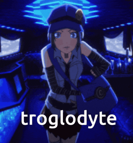 a picture of a girl with the word troglodyte in the corner