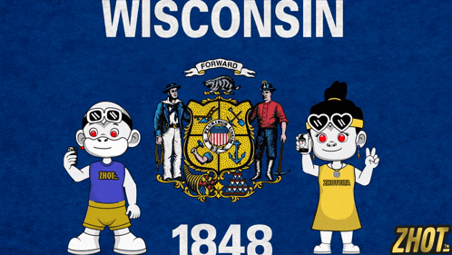 a wisconsin flag with a monkey and a girl on it