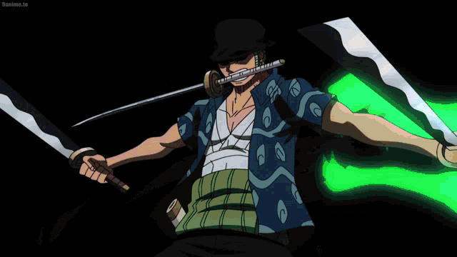 a man in a blue shirt holds two swords in his hands