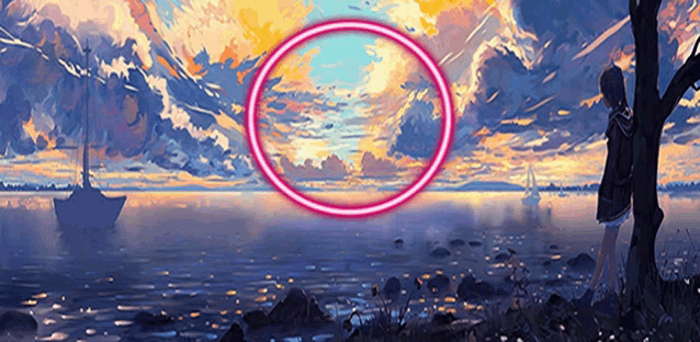 a painting of a sunset with a pink circle in the middle of it