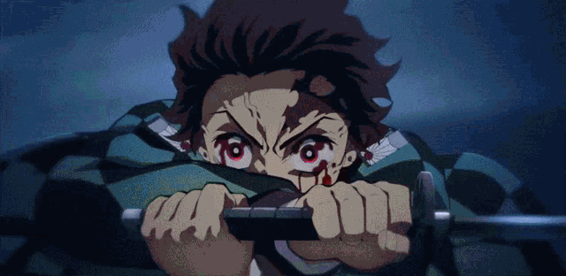 a close up of a person holding a sword with blood coming out of their eyes