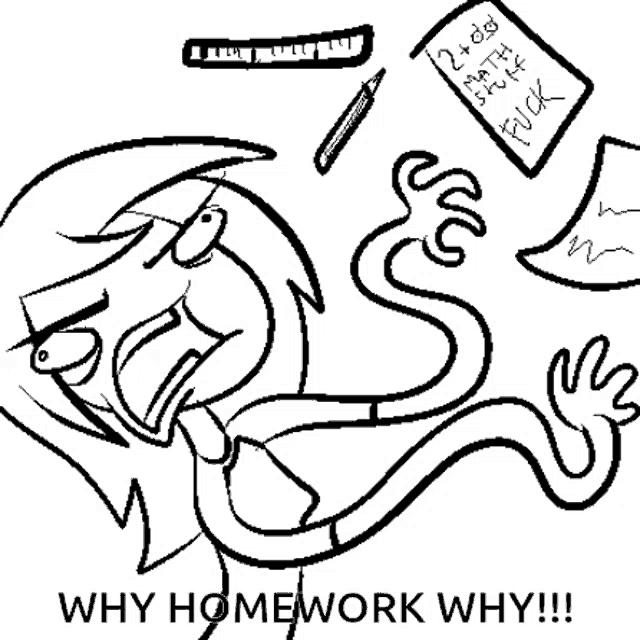 a black and white drawing of a girl with a snake in her mouth and the words why homework why .