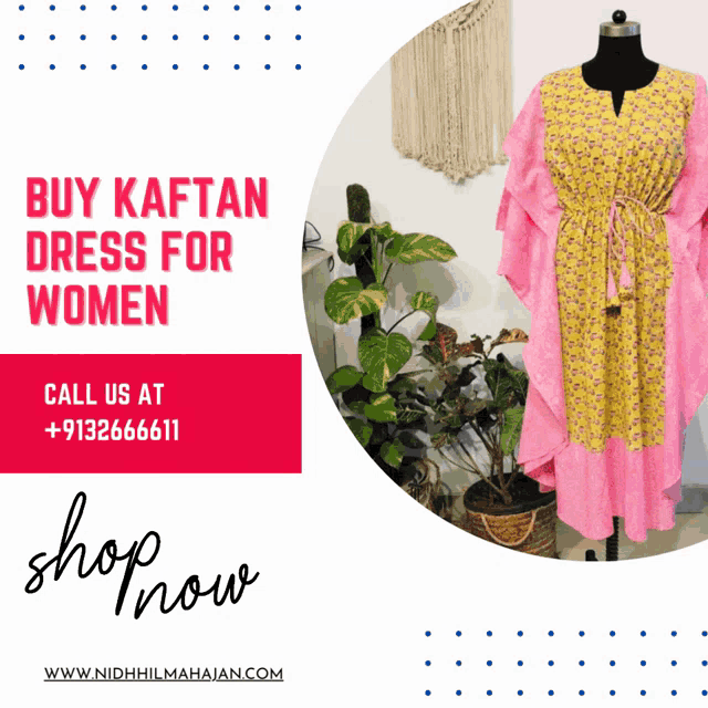 an ad for a kaftan dress for women with a plant in the background