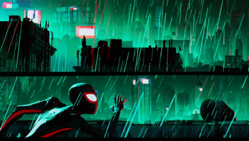 a man in a spiderman suit is standing in the rain looking out over a city