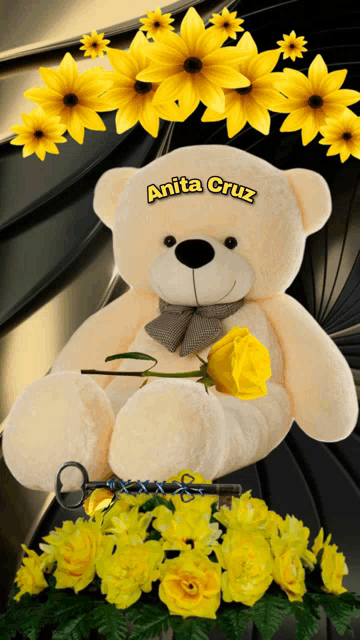 a teddy bear with a yellow rose and the name anita cruz