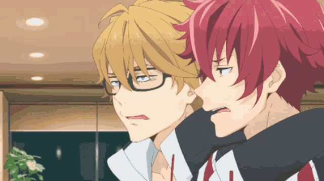 two anime characters one with blonde hair and the other with red hair are looking at each other