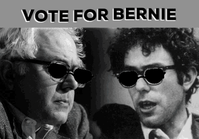 a poster that says vote for bernie with two men in sunglasses