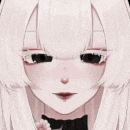 a close up of a girl 's face with white hair and a black bow tie .