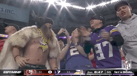 a man wearing a vikings jersey stands in the stands with other fans