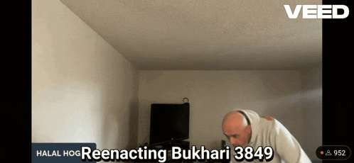 a video of a bald man is titled halal hog reenacting bukhari 3848