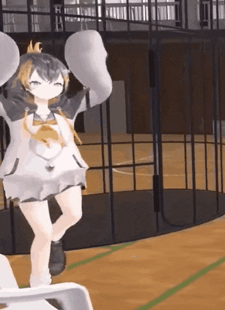 a 3d anime girl is standing on a basketball court holding balloons .
