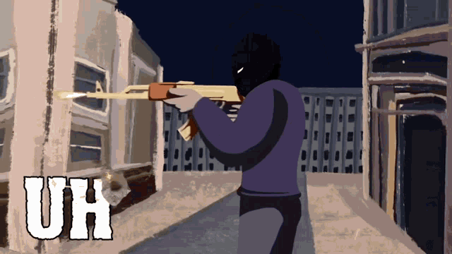 a cartoon drawing of a man holding a gun with the word uh above him
