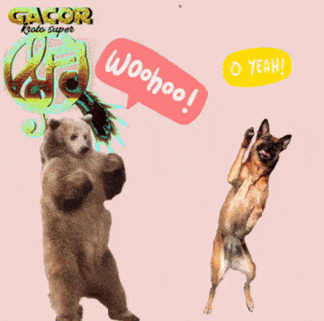 a dog and a bear are jumping in the air with a speech bubble that says woohoo