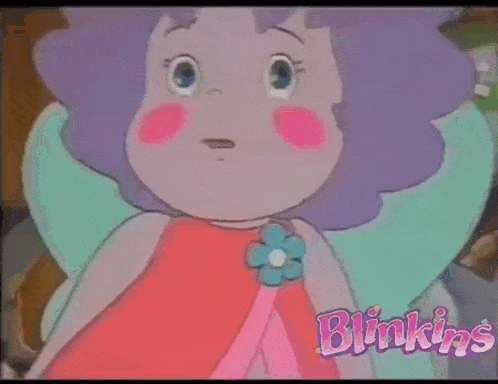 a little girl with purple hair is sitting in a chair with blinkins written on the bottom of the screen