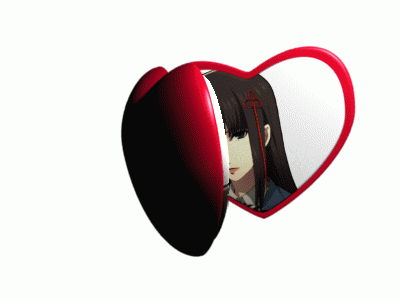 a heart shaped mirror with two anime girls inside