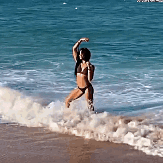 a woman in a bikini is standing in the ocean