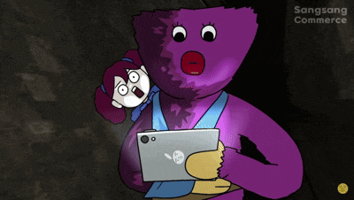 a cartoon of a purple teddy bear holding a cell phone